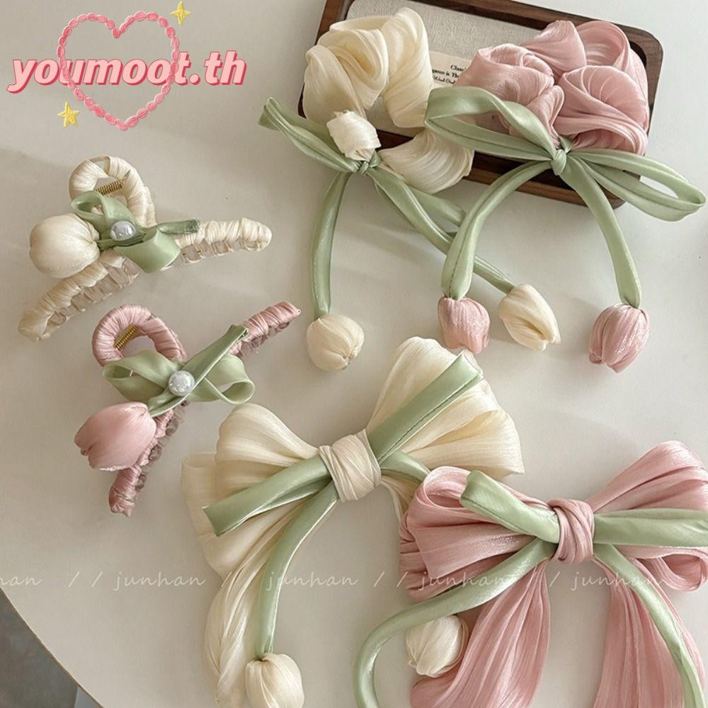 Youmoot ยางรัดผมลายทิวลิปหวาน กิ๊บติดผมริบบิ้น เชือกผูกผมหรูหรา