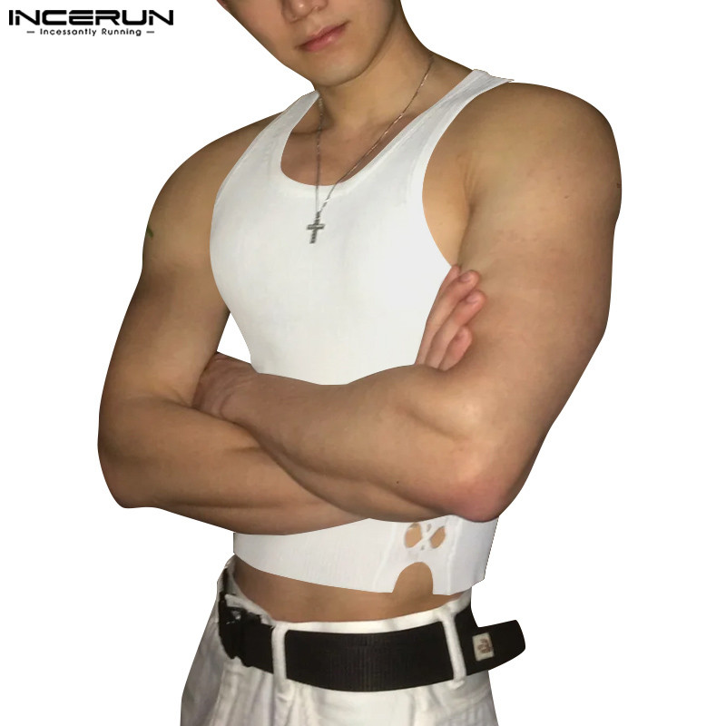 Incerun Men Korean Streetwear Crew Neck Side Hollow Out เสื้อครอปแขนกุด