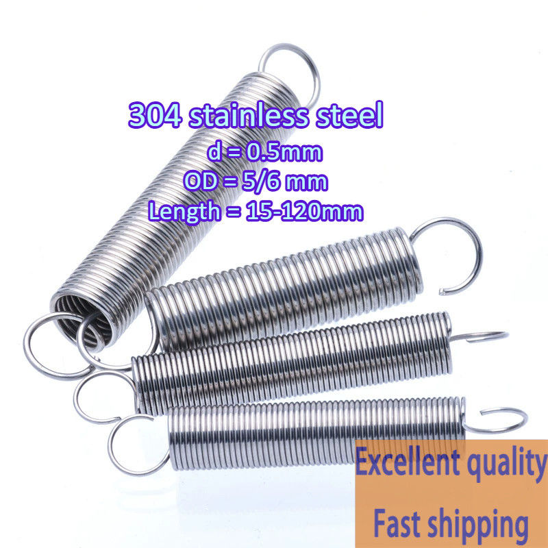 304 สแตนเลส สปริงแรงดึง/สปริง d=0.5mm,OD5/6mm,L=15~120mm สปริงดึงพร้อมตะขอ ทาประตูโรงรถ ขัดเงา เครื่องแกว่ง