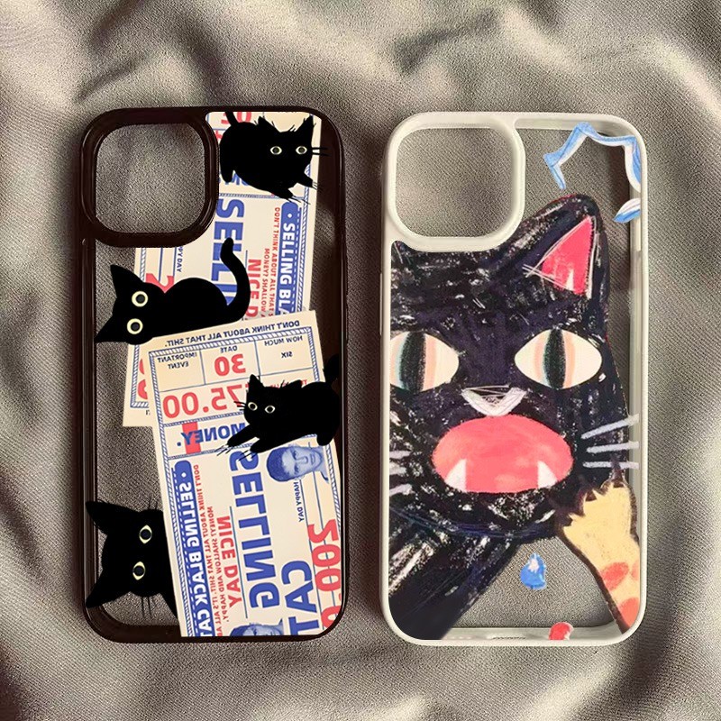 การ์ตูนน่ารัก Graffiti Cat สําหรับ Samsung S25 S24 S23 Ultra Plus S20 S21 S23 S24 FE สีดําแมวแสตมป์กรอบคริสตัลกันกระแทก Clear Cover