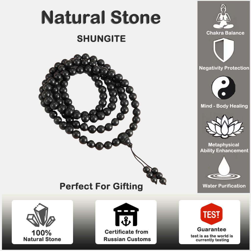 รัสเซีย Shungite Recitation สร้อยคอลูกปัด: 5G EMF-การป้องกัน,พลังงานสูง, ฮวงจุ้ยสมดุล, ของขวัญอัญมณี