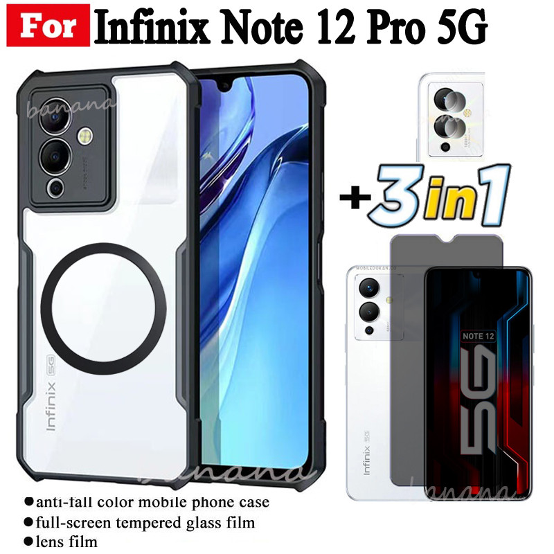 3 in 1 Infinix Note 12 Pro 5G เคสโทรศัพท์กันกระแทกพร้อมสติกเกอร์ชาร์จไร้สายแม่เหล็กสําหรับ Infinix Note 12 Pro 4G หมายเหตุ 12 G96 Anti Spy กระจกนิรภัย + เลนส์ฟิล์ม