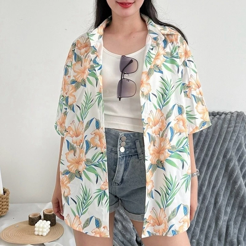 Chic เสื้อฮาวาย เชิ้ตคอปกแขนสั้น ลายดอก สไตล์เกาหลี thumbnail 8