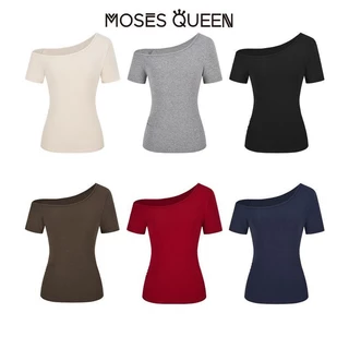 MOSESQUEEN ปิดไหล่แขนสั้นผู้หญิงฤดูร้อนใหม่อเนกประสงค์เซ็กซี่ผอมบริสุทธิ์เรียบง่ายขายร้อน #62318