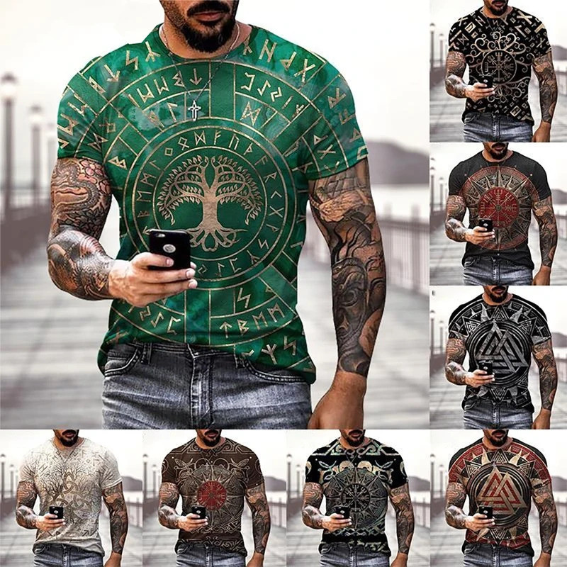 ใหม่ เสื้อยืดพิมพ์ 3D รอยสักไวกิ้งฤดูร้อน แฟชั่นผู้ชาย สตรีท ฮิปฮอป ลายไวกิ้ง เสื้อแขนสั้น เสื้อยืดต