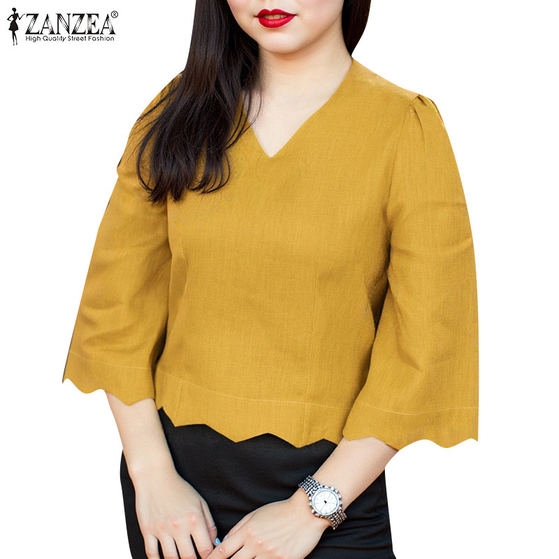 Zanzea ผู้หญิงเกาหลีหรูหรา V คอหยัก Hemline 3/4 แขนเสื้อทรงหลวม