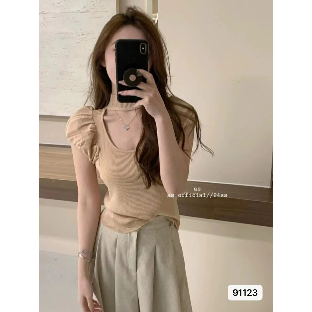 แฟชั่นผู้หญิงขนาดใหญ่แบบถัก คอคล้องคอหรูหรา ดีไซน์กลวง แขนสั้นพัฟ Ma We Zhi Ge U5J7 YQYW