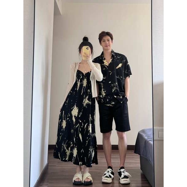 ชุดไปงานบวช ชุดงานบวช ชุดไปฮ่องกง ใส่คู่วันหยุดริมทะเลชุดสลิงดอกไม้ผู้หญิงฤดูร้อนเสื้อหลวมกระโปรงยาว