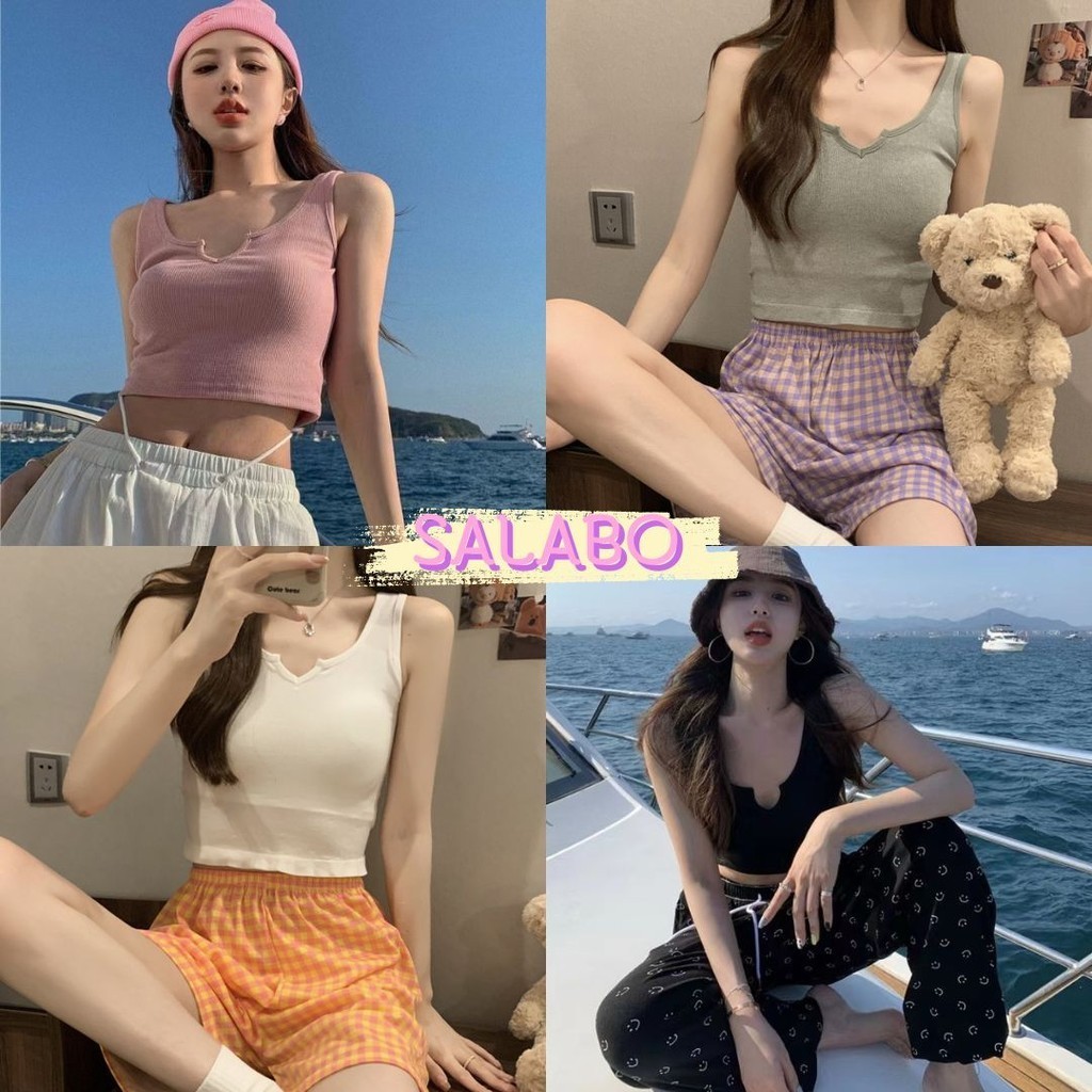 🥑Salabo🥑 เสื้อครอปแต่งเว้าคอ แขนกุด มีฟองน้ำ สีพื้น ใส่สบาย #H19