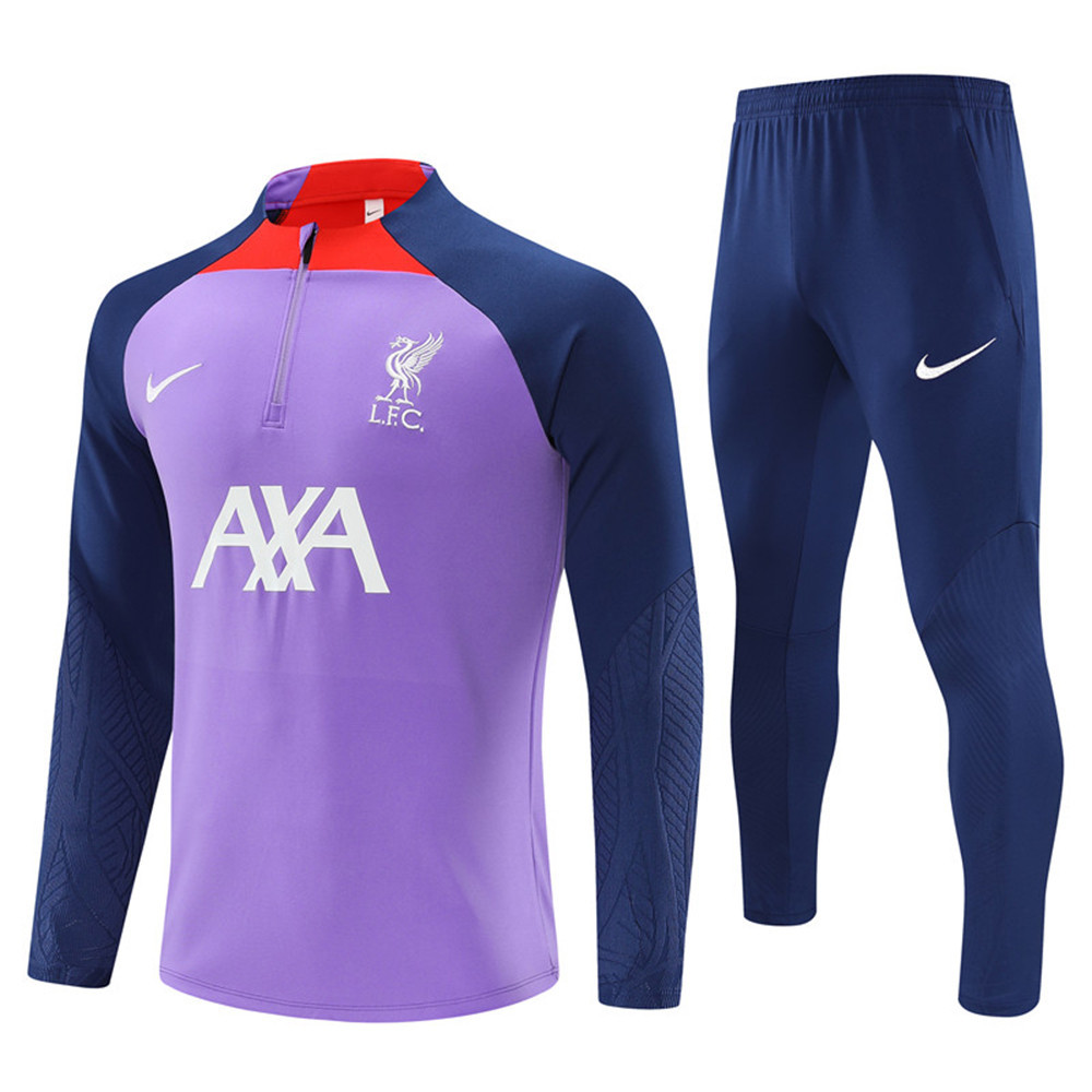 เสื้อวอร์มแขนยาว แต่งซิปครึ่ง สีม่วง และกางเกงขายาว ลาย Liverpool สําหรับผู้ชาย 2023 24