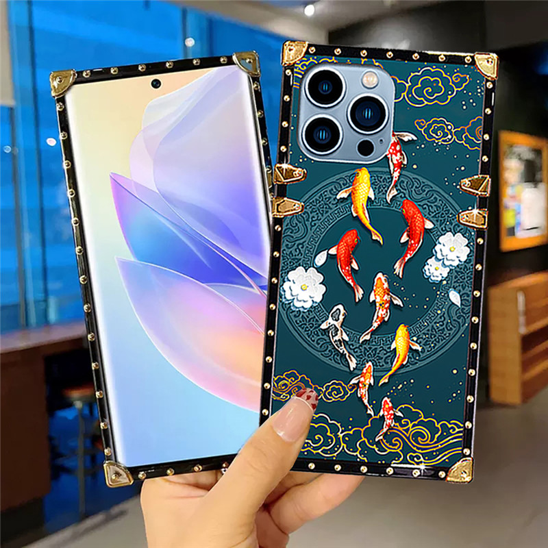 SAMSUNG ปลอกสําหรับSamsung S25 Ultra S24 Ultra S23Ultra S22Ultra S21+ S23 FE S10 5G S10+ Note20 Note10 + Note9 แฟชั่นLuckyปลาคาร์พรูปแบบสแควร์เคสโทรศัพท์ฝาครอบป้องกัน - รูปที่ 2