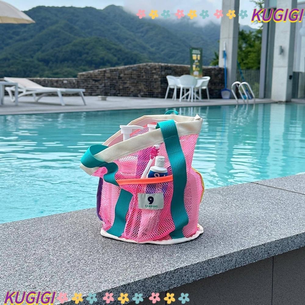 Kugigi กระเป๋าชายหาด ตาข่ายอาบน้ํา ซักผ้า ถุงเก็บอุปกรณ์อาบน้ํา Ins สีชมพู สีฟ้า ตัดกัน ของเล่นเด็ก กลางแจ้ง เดินทาง ว่ายน้ํา มือถือ กระเป๋าขนาดเล็ก