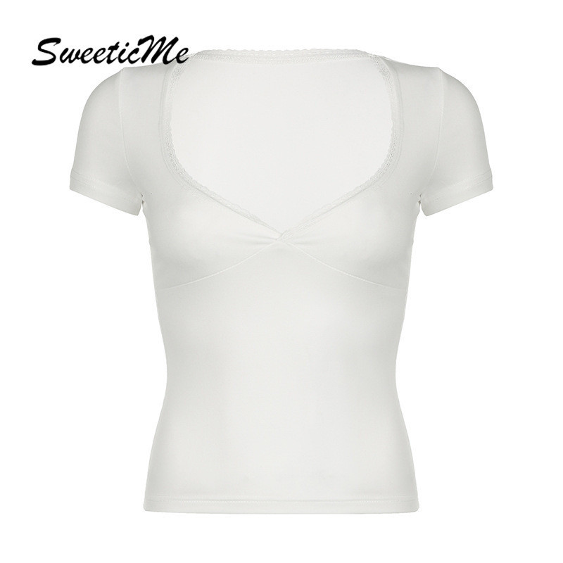 Sweeticme ใหม่ เสื้อยืดลําลอง แขนสั้น คอกลม ทรงสลิมฟิต เซ็กซี่ แฟชั่นสําหรับสตรี 2024