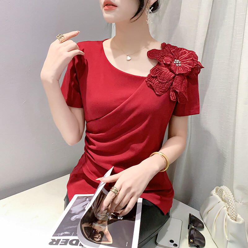 Miou ใหม่ เสื้อยืดแขนสั้น คอวี จับจีบ ลายดอกไม้ 3D ทรงไม่สมมาตร แฟชั่นฤดูร้อน สําหรับผู้หญิง 2024