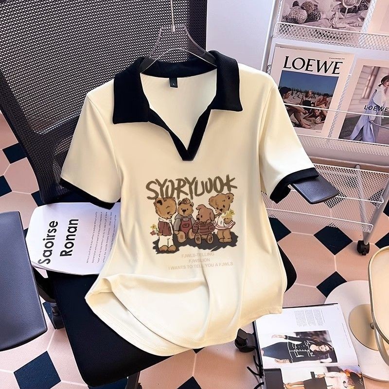 [Tshirt Oversize] เสื้อยืดทรงโปโล แขนสั้น พิมพ์ลายการ์ตูน ทรงหลวม สไตล์เกาหลี พลัสไซซ์ แฟชั่นฤดูร้อน สําหรับผู้หญิง (40-150 กก.)