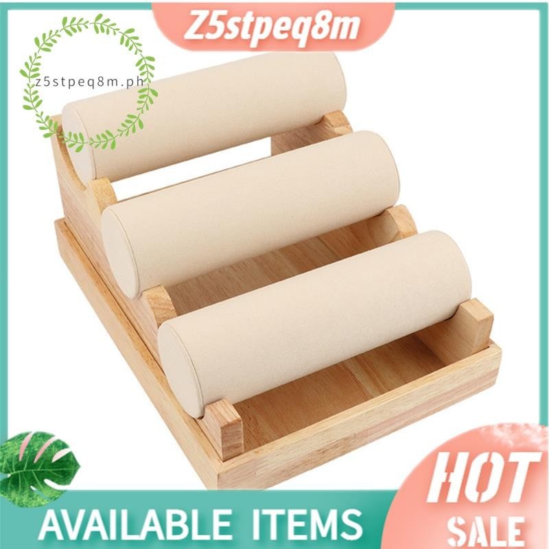 Z5stpeq8mWood 3 ชั้นสร้อยข้อมือนาฬิกาผู้ถือเครื่องประดับตู้โชว์จอแสดงผลสร้อยคอกําไลข้อมือ Organizer 