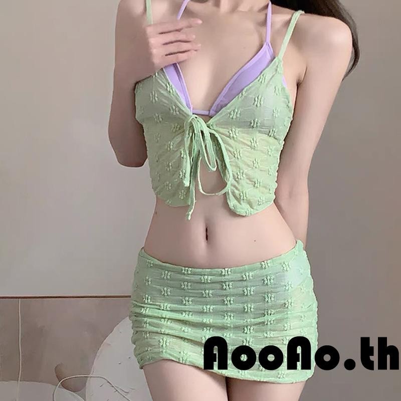 Aooao-ชุดว่ายน้ําบิกินี่ 4 ชิ้น พร้อมกระโปรง ผ้าเชียร์ สําหรับผู้หญิง