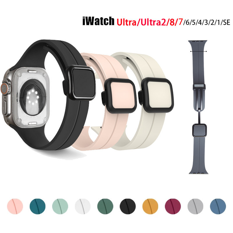 สายนาฬิกาข้อมือ ซิลิโคนนิ่ม กันน้ํา พร้อมบักเกิลแม่เหล็ก สําหรับ Apple watch Series 9 8 7 SE 6 5 4 iwatch Ultra 2 49 มม. 45 41 44 42 40 38