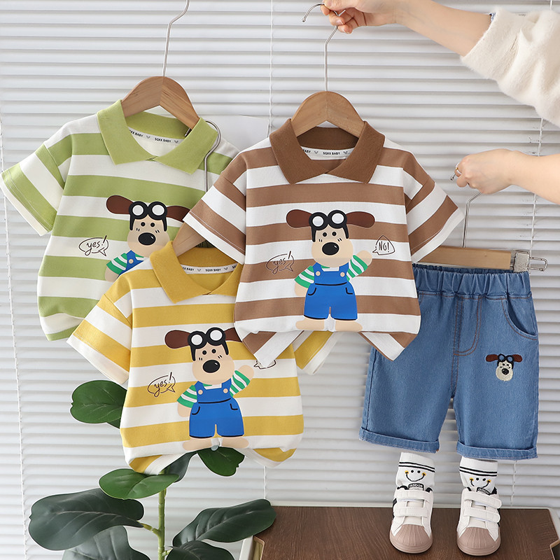 ชุดเสื้อยืดโปโล กางเกงขาสั้น พิมพ์ลายการ์ตูนสุนัข แฟชั่นฤดูร้อน สําหรับเด็กผู้ชาย 0-5 ปี 2 ชิ้น ต่อชุด