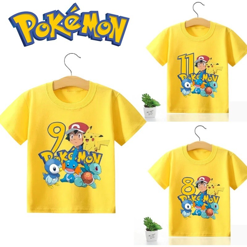 เสื้อยืดแขนสั้น ผ้าฝ้าย พิมพ์ลายการ์ตูนโปเกม่อน Pikachu 1~11 สีเหลืองบริสุทธิ์ เหมาะกับของขวัญวันเกิด