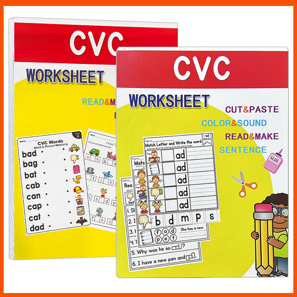ภาษาอังกฤษ CVC Words Phonics Learning Workbook อ่านและจับคู่และเสียงและประโยค Worksheet Cut & Paste Read & Make การศึกษาภาษาศิลปะทักษะหนังสือสําหรับเด็กเด็กสอน Worksheet