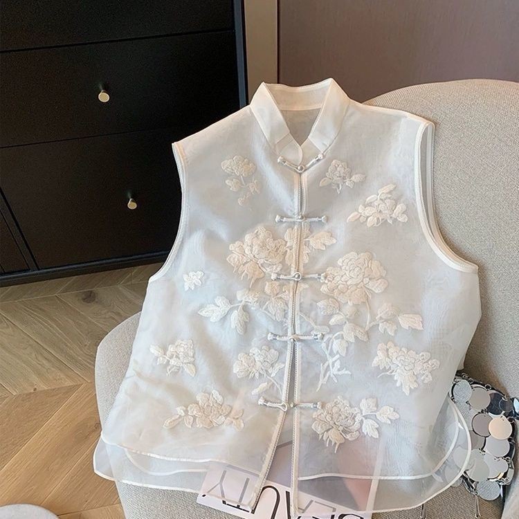 2024 South Oil High-End ผู ้ หญิงสไตล ์ จีนใหม ่ ปัก Organza Stand-Up Collar Buttoned เสื ้ อกั ๊ กผู ้ หญิงฤดูใบไม ้ ผลิสไตล ์ จีน 5.3 - รูปที่ 2