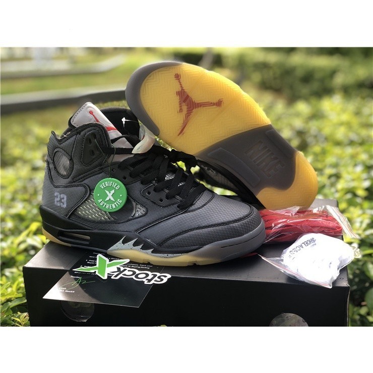 2020 off-white X Air Jordan 5 retro black/muslin-fire สีแดงสําหรับขาย