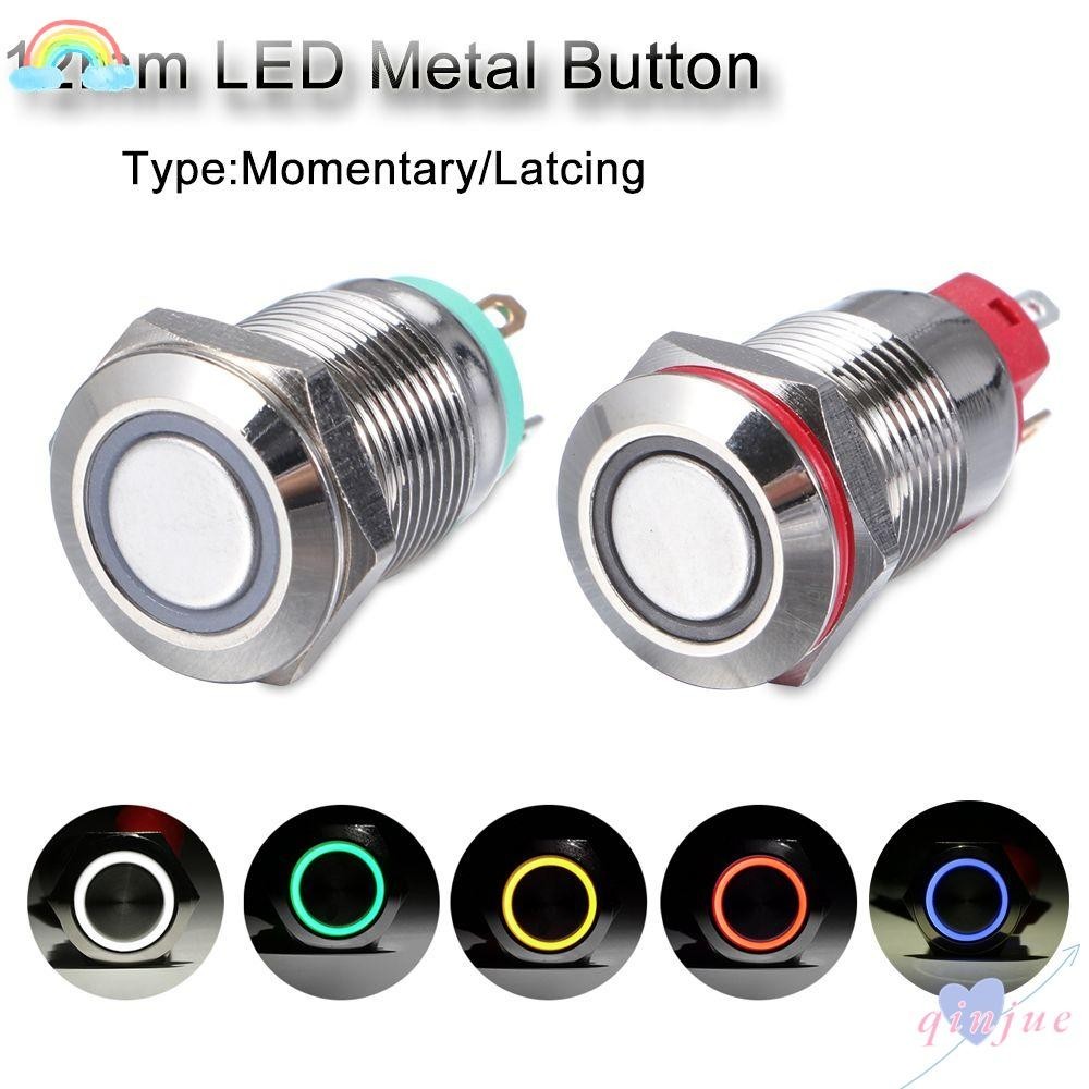 Qinjue ใหม่ สวิตช์ปุ่มกดเปิด ปิด โลหะ LED 3V 5V 9V 12V 24V 110V 220V กันน้ํา สีแดง ฟ้า เขียว เหลือง ขาว 12 มม.