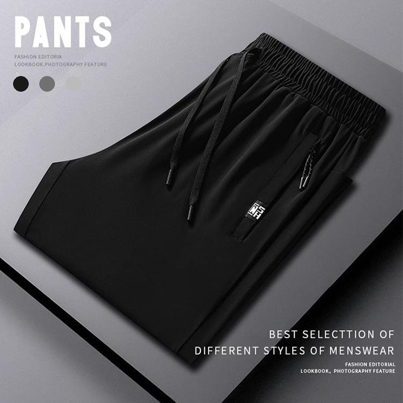 กางเกงขายาวสีพื้นแบบตรงสำหรับผู้ชายไซส์ M-5XL ผ้าไอซ์ซิลก์ แฟชั่นฤดูร้อน หลวม บางยืดหยุ่น เอวยางยืด กางเกงวิ่งออกกำลังกาย กางเกงเทรนนิ่งสำหรับผู้ชาย สีดำ\สีเทา