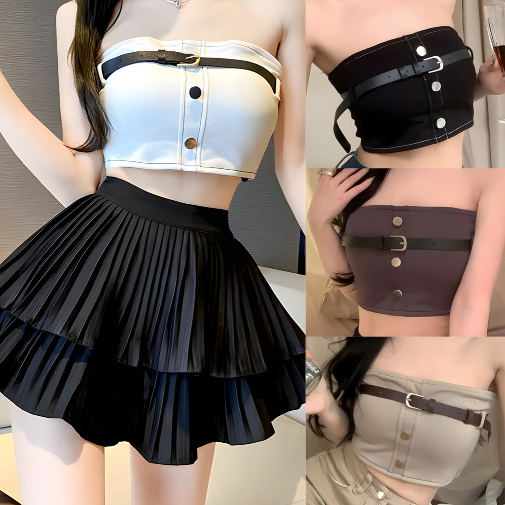 KaeKai พร้อมส่ง เสื้อเกาะอก ผ้าเรยอนผ้านิ่ม ใส่สบายยืดได้เยอะ เซ็กซี่ ดีเทลแต่งเข็มขัดสุดเก๋ แฟชั่นฤดูร้อน
