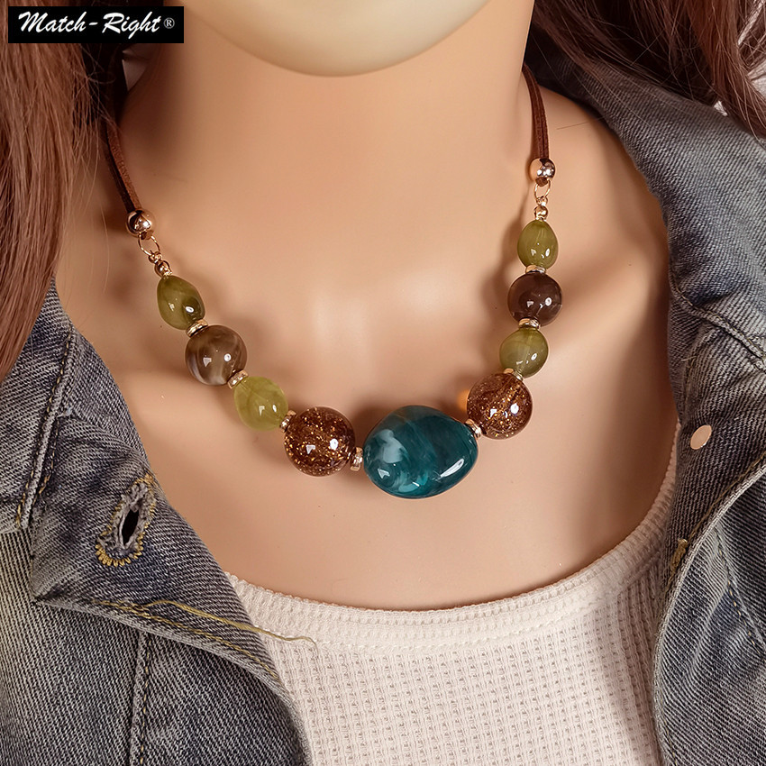 Elegant สีสันลูกปัด Bib สร้อยคอชาติพันธุ์ Boho ลูกปัดอะคริลิคเรขาคณิตสไตล์สร้อยคอสั้นหนัง Choker Chunky Choker สร้อยคอ