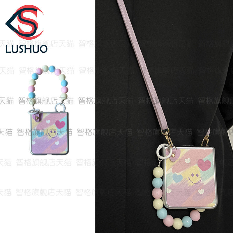 Lushuo เคสโทรศัพท์สําหรับ Samsung Galaxy Z Flip 6 5 4 3 OPPO ค้นหา N2 Flip N3 Flip น่ารักหนังปกหลังพร้อมสร้อยข้อมือและเชือกเส้นเล็กสําหรับ Flip3 Flip4 Flip5 Flip6 N2Flip N3Flip