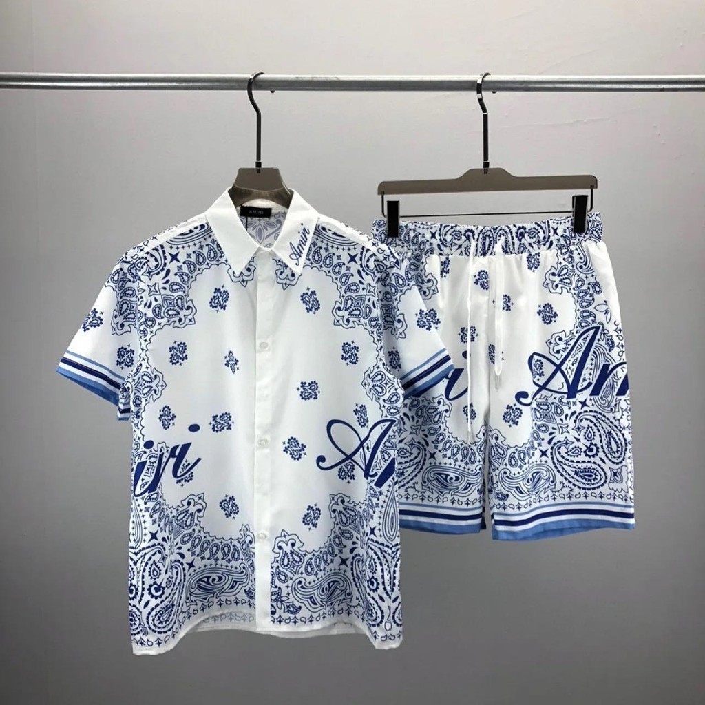 2024 Ssummer ใหม่เสื้อฮาวายชุดบุรุษพิมพ์แขนสั้นฤดูร้อนสบายๆเสื้อดอกไม้กางเกงขาสั้นชายหาดสองชิ้นผู้ชายสูท