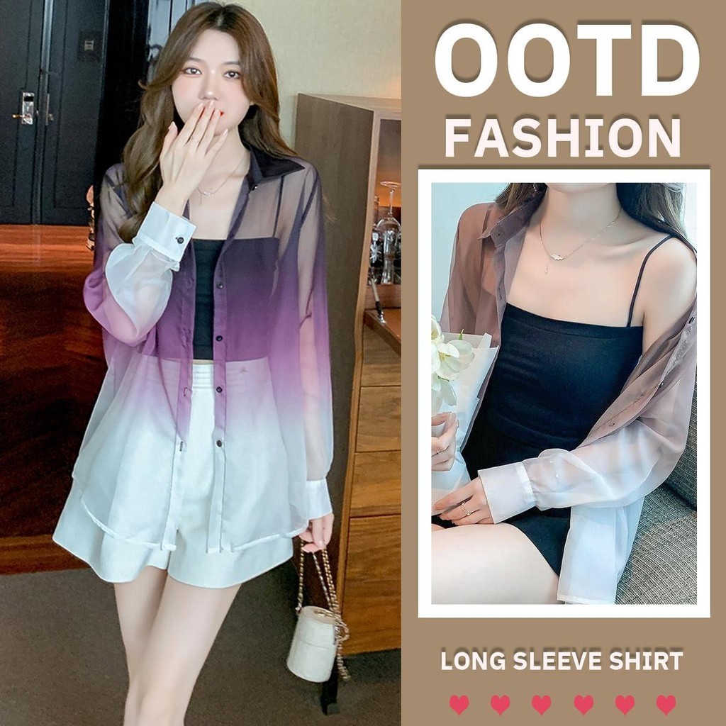 MIMI&DIDI#เสื้อแขนยาว เสื้อเชิ้ตผู้หญิง แฟชั่นมาใหม่ ฤดูร้อนสไตล์ใหม่มัดย้อมไล่ระดับสีหลวมอเนกประสงค์ป้องกันแสงแดด#W382