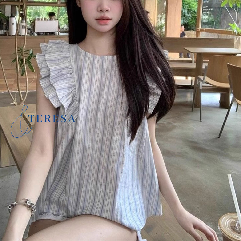 เสื้อแขนระบาย สีฟ้าอ่อน ดีไซน์น่ารัก สไตล์เกาหลี