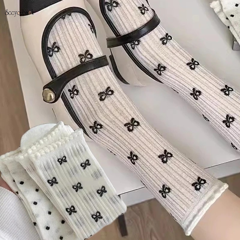 สไตล์เกาหลีหวานลายจุดโบว์ผู้หญิงสาวถุงเท้าผ้าฝ้ายฤดูร้อนบางกลวงออกตาข่ายระบายอากาศถุงเท้ากลางหลอดญี่ปุ่น น่ารัก นัวเนียถุงเท้าสั้