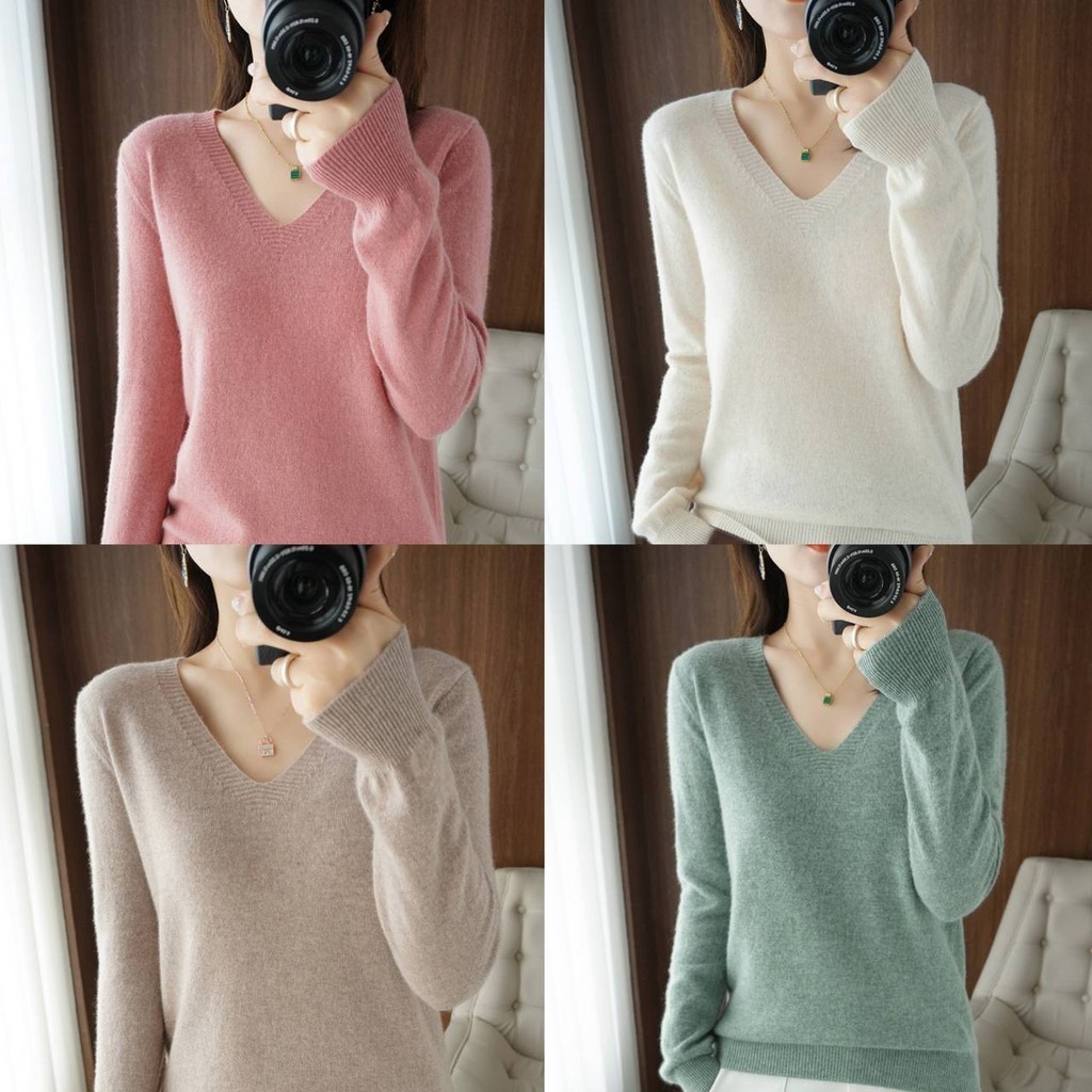 เสื้อแขนยาวคอวีสีพื้น เสื้อแฟชั่นผู้หญิงลายทาง เสื้อไหมพรมผ้ายืดใส่สบาย มี 12 สีให้เลือก