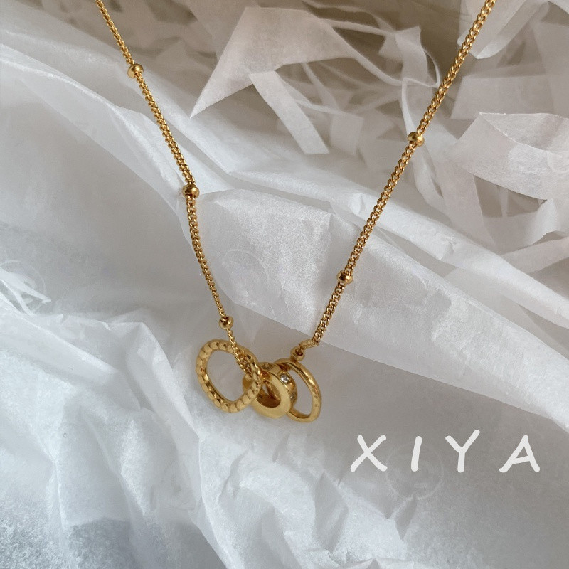 Xiya แฟชั ่ น All-Match สามแหวนเรขาคณิตวงกลมสร ้ อยคอเพทายกัญชาพวงหรีดแหวนจี ้ สร ้ อยคอ