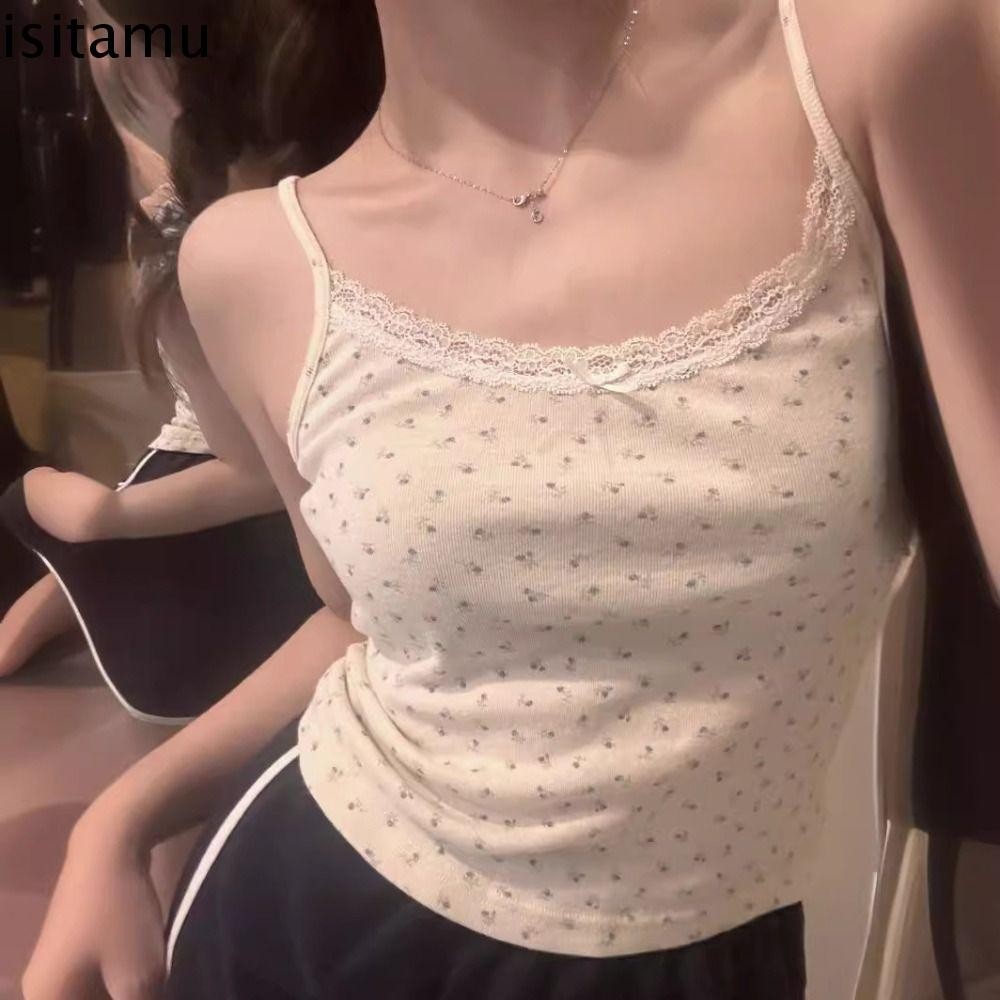 Isitaft เสื้อครอปลายดอกไม้ลายดอกไม้แขนกุด U คอลูกไม้ Bowknot Camisole, นุ่มเกาหลีสั้น Slim Fit ดอกไม้หวานเสื้อกล้ามสาวเลดี้