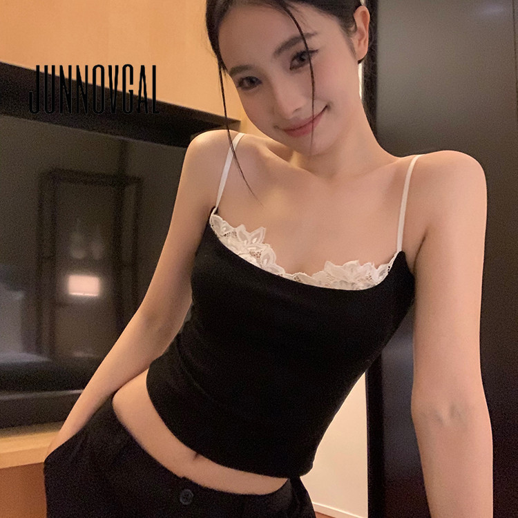 Junnovgal ผู ้ หญิง Camisole Slim Fit Halter ลูกไม ้ สีทึบสไตล ์ อเมริกัน 2024 ใหม ่