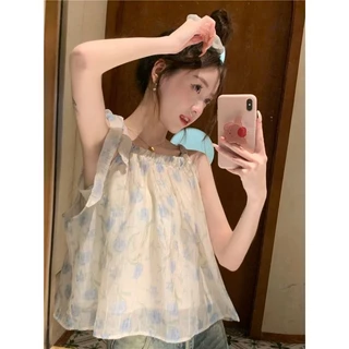 Micki-เสื้อกล้ามผู้หญิง ผ้าชีฟอง สายคล้องคอ เก๋ไก๋สไตล์นักเรียน เสื้อผ้าแฟชั่นสตรี