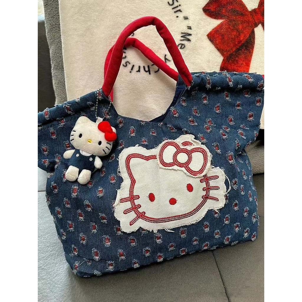 ยุคกลาง Hello kitty Retro Denim Patch กระเป ๋ าถือความจุขนาดใหญ ่ กระเป ๋ าถือกระเป ๋ าหญิง