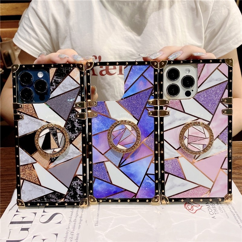 ปลอก Samsung S24 Ultra S23 S22 S21 FE S10+ S9+ Note20 Note10+ แฟชั่น Patchwork Glitter Square เคสโทรศัพท์พร้อมที่วางแหวน