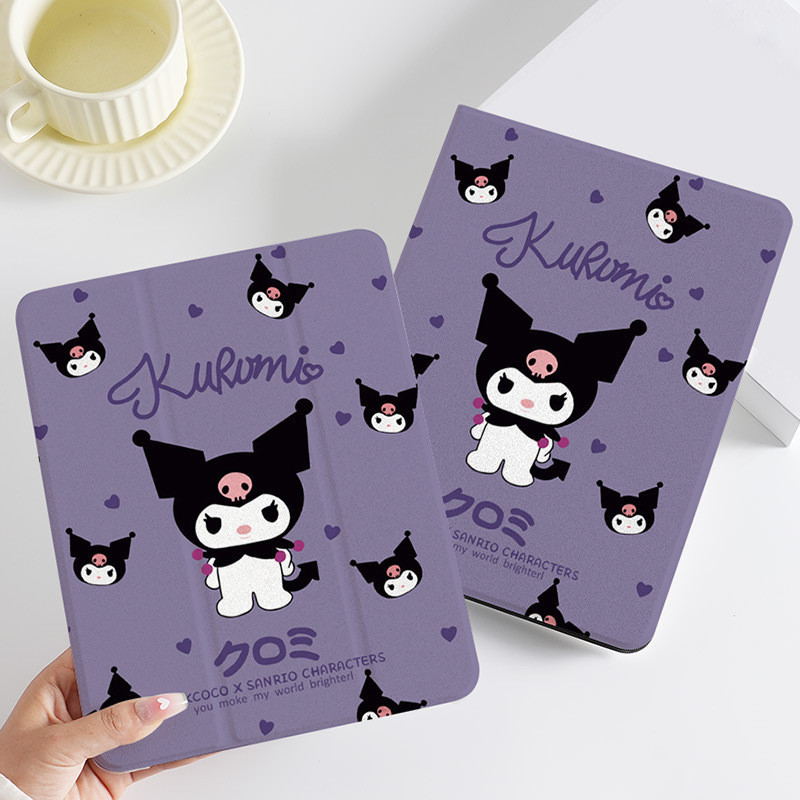 เคส iPad พร้อมช่องเสียบปากกาสําหรับ iPad Air4 Air5 10.2 นิ้ว Gen10 5th 6th Air 3 Mini4 5 2018 สีม่วงการ์ตูน Kuromi ผ้าไหมวัสดุ iPad Pro 11 ฝาครอบ