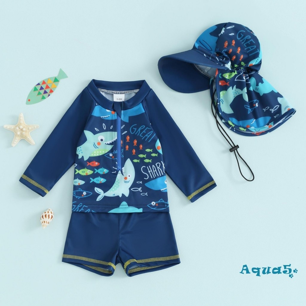 Aqq-baby Boy 3 ชิ้น Rash Guard ชุดว่ายน้ําน่ารักปลาพิมพ์แขนยาว Zip Up ชุดว่ายน้ําชุดว่ายน้ํา