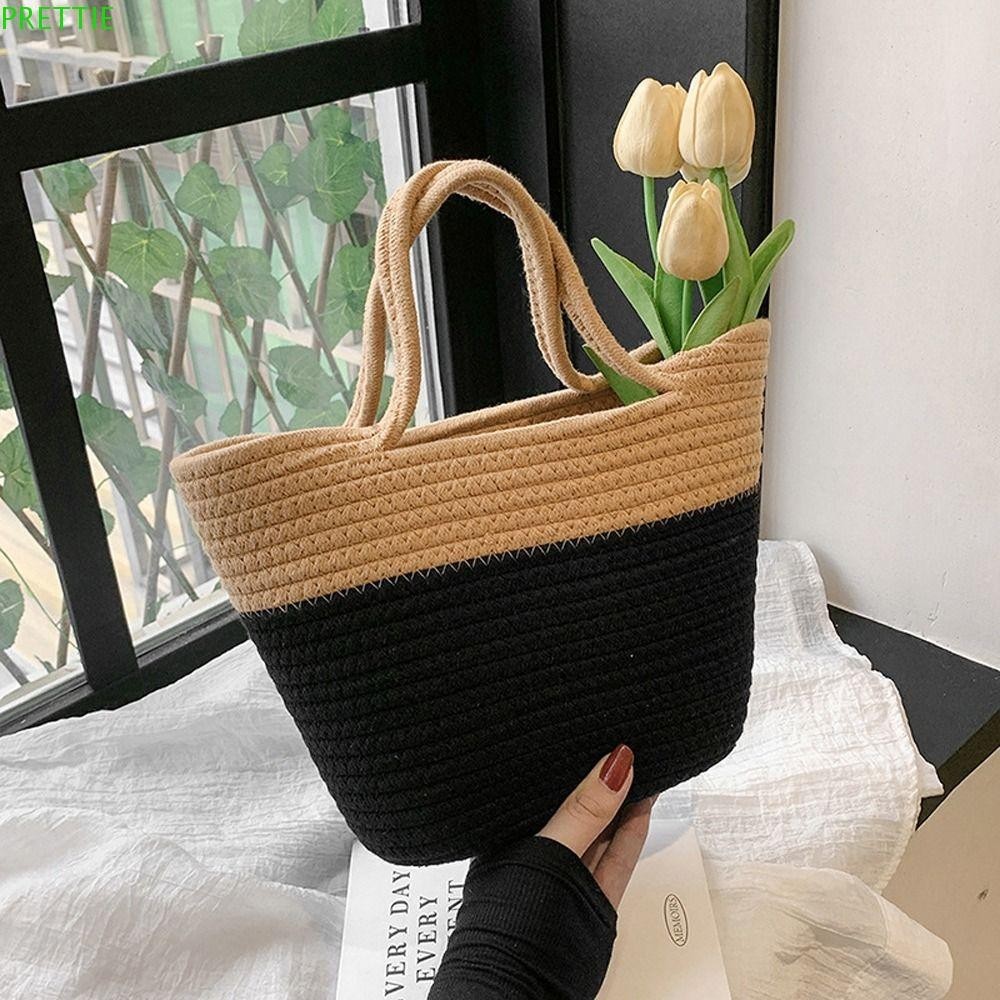 Prettie กระเป๋าโท้ทผู้หญิง,ความจุขนาดใหญ่ Patchwork Ins สานกระเป๋าถือ,กระเป๋าถังสไตล์เกาหลีกระเป๋าข้อมือขนาดใหญ่ลําลอง