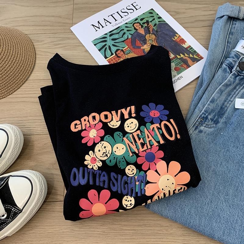 เกาหลี เสื้อแบบดารา เสื้อยืดแขนสั้น CMDXY0813 ผู้ชาย ผู้หญิง ลายทาง ตัวอักษร หลวม ลายสกรีน ฤดูร้อน ฤดูใบไม้ผลิ