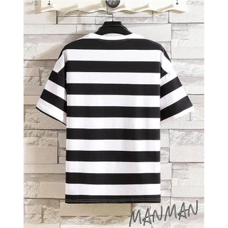 MANMAN เสื้อเชิ้ตแขนสั้นลายทางหนา ใส่ได้ทั้งชายและหญิง เสื้อยืดคอกลมลายทาง