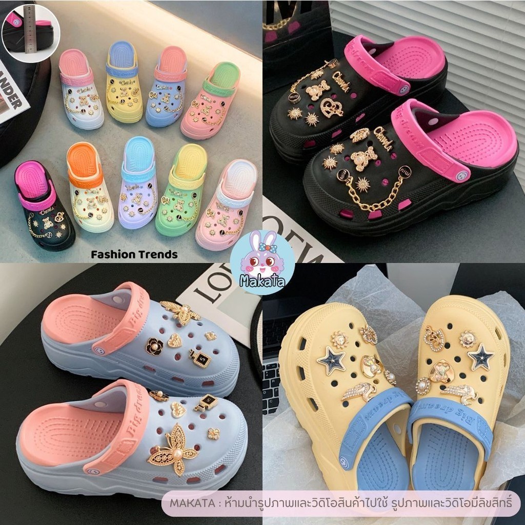 H-13 BUTF/SWN/CLA รองเท้าหัวโต แบบสวม เสริมส้นสูง 5 CM มีสายรัดส้นเท้า สีพาสเทลทูโทน สินค้าพร้อมส่ง