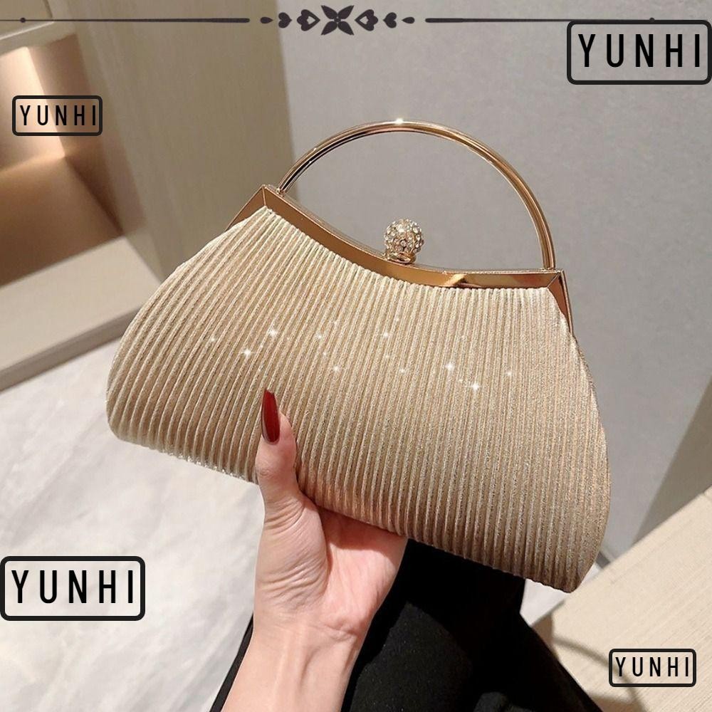 Yunhi กระเป๋าราตรี, กระเป๋าสะพายโซ่ผ้าไหมสดใสสีทอง, กระเป๋าถือแฟชั่นงานแต่งงาน